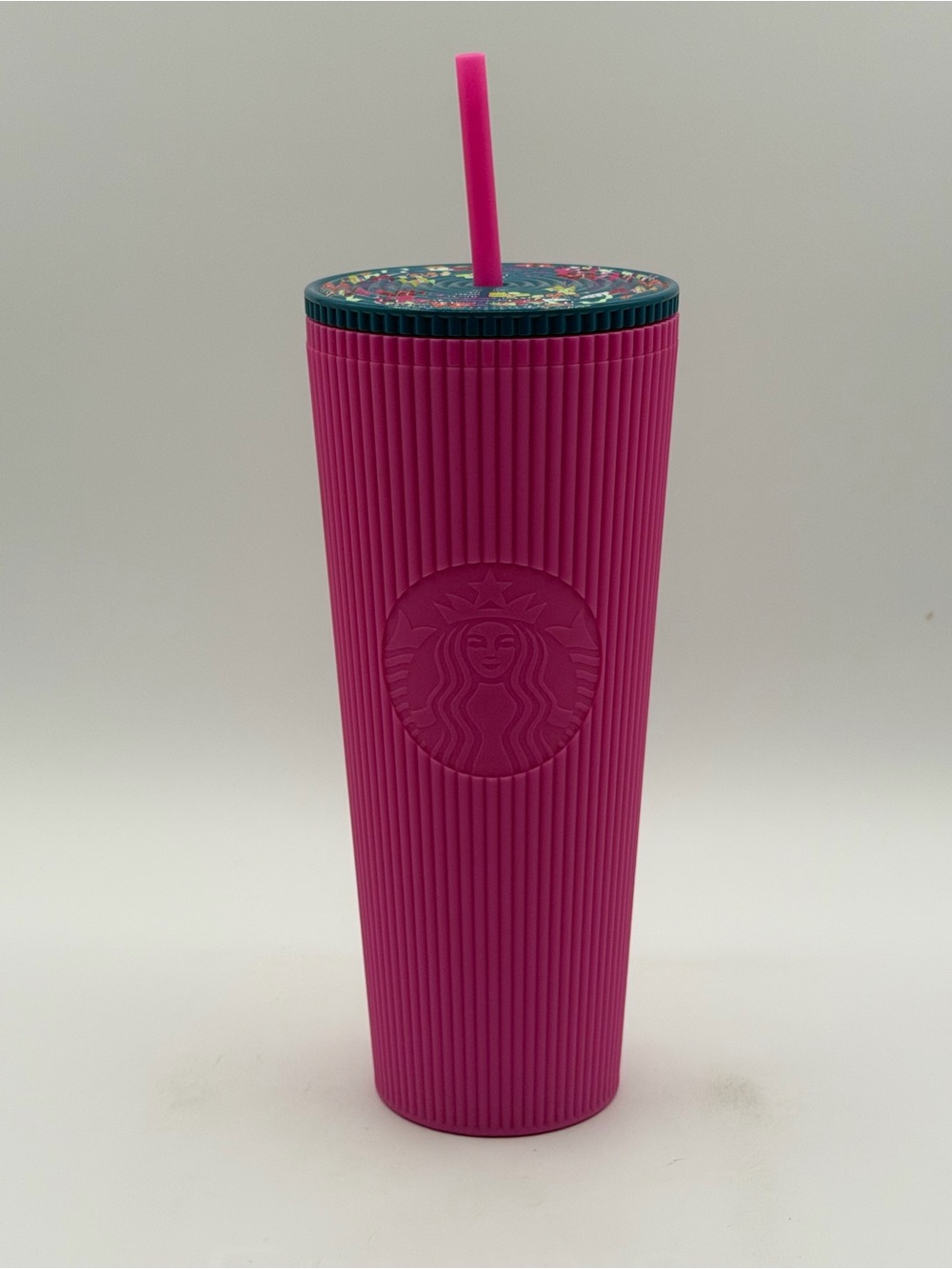 Starbucks 2023 Pink & Blue Ribbed Tumbler With Floral Lid and Straw - New